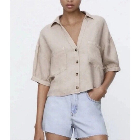Zara Linen Top Medium Beige Womens Cropped Short Sleeve Boxy Button up Collared - Picture 1 of 7